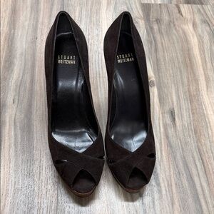 Stuart Weitzman Dark Brown Peep Toe Heels